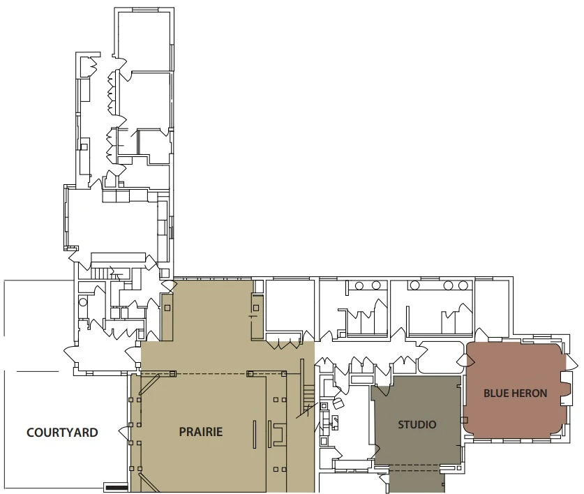 This is a floor plan featuring labeled areas: Courtyard, Prairie, Studio, and Blue Heron.