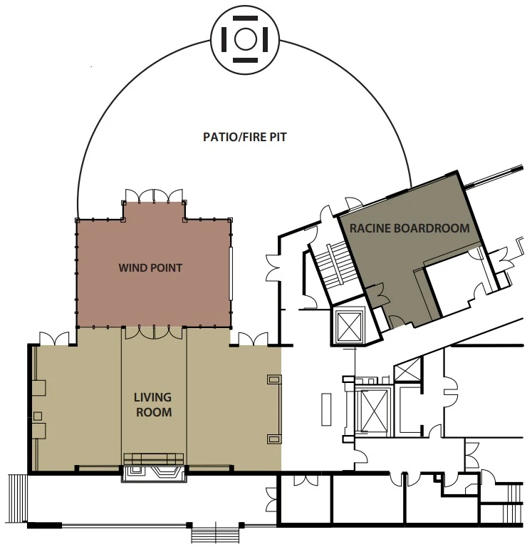 This image shows a floor plan with labeled areas: living room, wind point, racine boardroom, and a patio/fire pit.