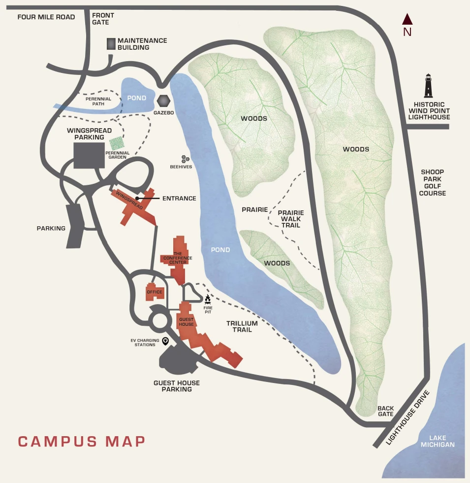 Campus map: shows buildings, roads, parking, and a river/paths around a lake; navigation points labeled for campuses and facilities.