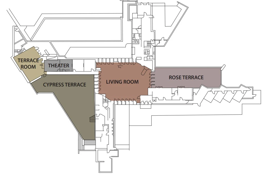 This is a floor plan showing areas labeled as Terrace Room, Theater, Cypress Terrace, Living Room, and Rose Terrace.